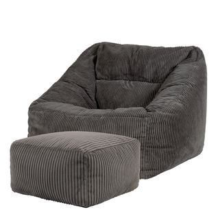 Pouf Fauteuil Poire Natalia Avec Repose-pied Carré Velours Côtelé Gris Anthracite 97x84x73cm