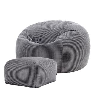 Pouf Kingston Avec Repose-pied Icon, Velours Côtelé Gris Anthracite, 85 X 85cm