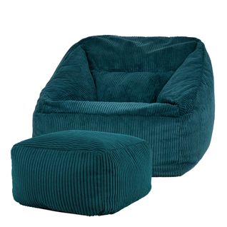 Pouf Fauteuil Morgan Avec Repose-pied Carré Velours Côtelé Bleu Canard 97 x 84 cm