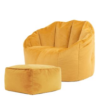 Pouf Fauteuil Sirena Avec Repose-pied Velours Jaune Ocre, Salon, 77 X 74cm