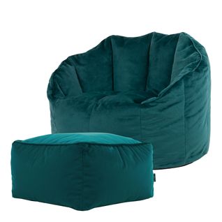 Pouf Fauteuil Sirena Avec Repose-pied Velours Bleu Canard, Salon, 77 X 74cm