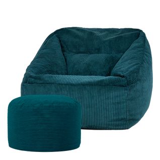 Pouf Fauteuil Morgan et Repose-pied Rond Velours Côtelé Bleu Canard 100 X 88cm