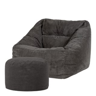 Pouf Fauteuil Morgan Et Repose-pied Rond Velours Côtelé Gris Anthracite 100 X 88cm
