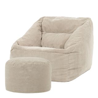 Pouf Fauteuil Morgan et Repose-pied Rond Velours Côtelé Beige Galet 100 X 88cm