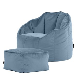 Pouf Fauteuil Sirena Avec Repose-pied Velours Bleu Minéral, Salon, 77 X 74cm