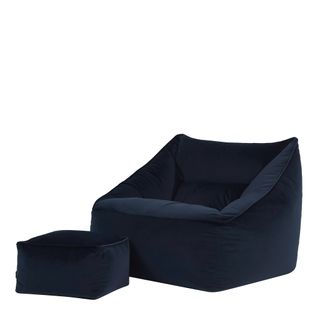 Pouf Fauteuil Natalia Avec Repose-pied Carré Velours Bleu Minuit, 88 X 100cm