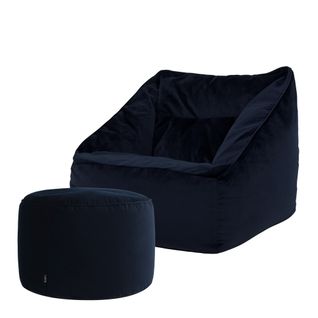 Pouf Fauteuil Natalia Avec Repose-pied Rond Icon Velours Bleu Minuit 100 X 88cm