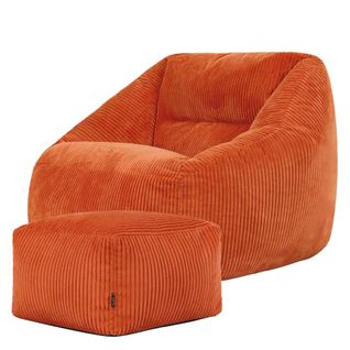 Pouf Fauteuil Poire Natalia Avec Repose-pied Carré Velours Côtelé Orange Terracotta 97x84x73cm