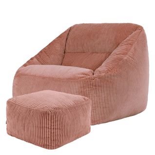Pouf Fauteuil Poire Natalia Avec Repose-pied Carré Velours Côtelé Rose 97x84x73cm