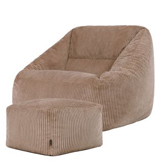 Pouf Fauteuil Poire Natalia Avec Repose-pied Carré Velours Côtelé Brun Moka 97x84x73cm