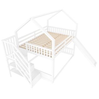 Lit Mezzanine Lit Cabane 140x200cm Avec Escalier Avec Rangement Et Toboggans Blanc