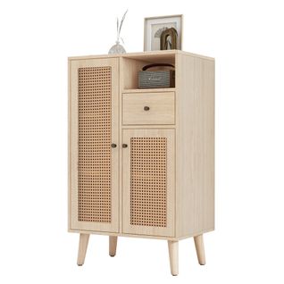 Buffet Avec 2 Portes En Rotin,1 Nich Et 1 Tiroir, 60 X 40 X 101cm Imitation Chêne