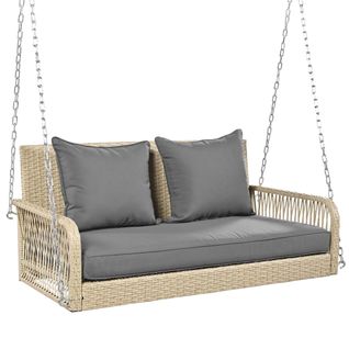 Balancelle D'extérieur En Rotin Avec Coussin Et 2 Chaînes (240cm/chaîne) Gris + Biege