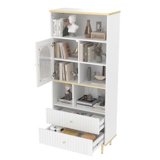 Vitrine Multifonctionnelle Avec LED-porte Transparente-rangement Multicouche-2 Tiroirs-blanc