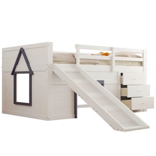 Lit Mezzanine Bas Avec Toboggan-lit Enfant  140 X 200cm -trois Tiroirs Et Deux Portes-couleur Crème