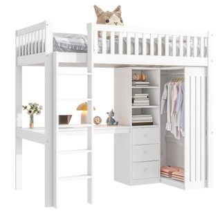 Lit Mezzanine-90*200cm-lit Enfant  Avec Bureau, Placard Et Escalier-blanc