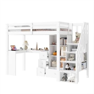 Lit Mezzanine 90x200cm Avec Bureau Et Tiroirs, En747, Blanc