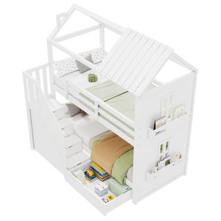 Lit Superposé 90 X 200 Cm-avec Escalier De Rangement-lit Enfant Multifonctionnel-pin + Mdf-blanc