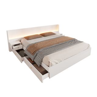 Lit Double 180*200cm-avec Port USB, Avec Éclairage LED Et Prise-2 Tables De Chevet-en Bois-blanc