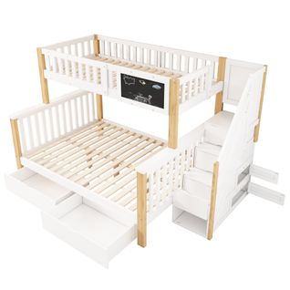 Lit Superposé-lit Enfant Avec 2 Tiroirs -lit Double-en Bois-90x200cm Et 140x200cm-blanc Et Bois