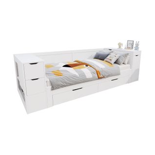 Lit Enfant 90 X 200 Cm-avec Table De Chevet,espace De Rangement-lit Simple-blanc