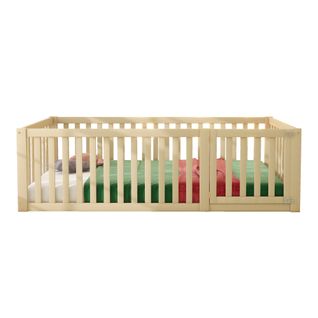 Lit Enfant 90x200 Cm - Cadre Bois Avec Barrière Et Porte De Sécurité