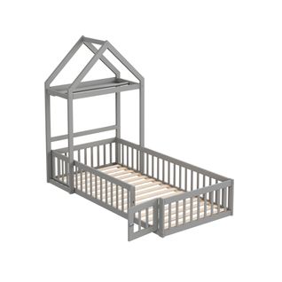 Lit Enfant 90x200 Cm - Bois Massif, Barrière Intégrale, Rangement, Porte - Gris