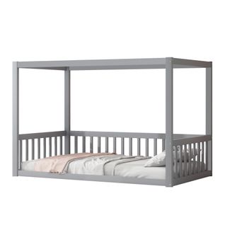 Lit à Baldaquin 90x200 Cm - Cadre En Bois Massif Pour Enfants Et Ados - Gris