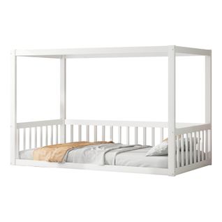 Lit à Baldaquin 90x200 Cm - Cadre En Bois Massif Pour Enfants Et Ados - Blanc