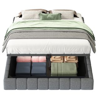 Lit Coffre - Fonction Hydraulique- Avec Espace De Rangement- LED - 140x200 Cm - Gris