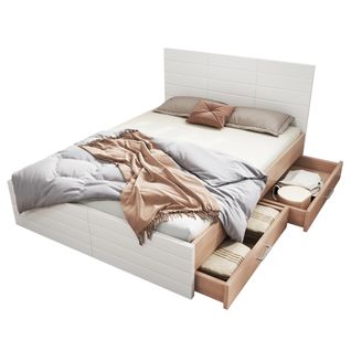 Lit En Bois- 2 Tiroirs - 180×200cm - Blanc et Chêne- Moderne Et Naturel- Sommier à Lattes