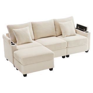 Canapé Convertible - Canapé D'angle 3 Places- Avec 1 Repose-pieds - 213.5x138x87cm - Beige