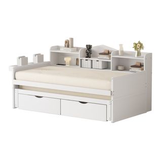 Lit Gigogne 90x190 Avec 2 Tiroirs Et Étagères -prise USB, Lit Simple En Bois-lit Enfant-blanc