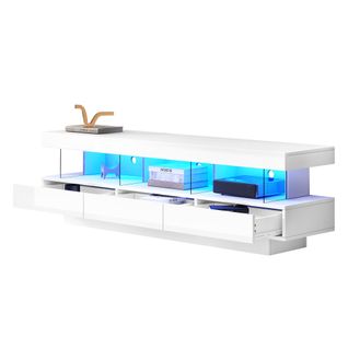 Meuble TV 160cm-éclairage LED-brillant Avec Support TV En Verre-pour Téléviseur 70 Pouces-blanc