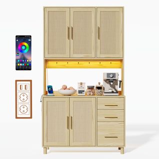 Buffet De Cuisine 183cm-éclairage LED-2 Ports USB, 2 Prises De Courant-étagères Réglables-naturel