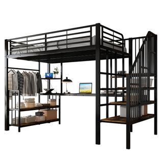 Lit Mezzanine 120x200 Cm-espace De Rangement Et Prise USB-fer + Mdf-noir