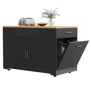 Îlot De Cuisine Avec Rangement Maximal-Desserte de Cuisine à Roulettes-Poubelle Intégrée-Noir