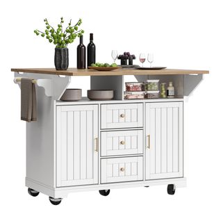 Îlot De Cuisine Avec Table Extensible-rangement Intelligent Avec Roulettes-blanc-cuisine Et Séjour