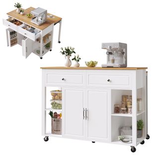 Îlot De Cuisine De Haute Qualité Avec Roulettes-avec Plateau Extensible-7-rangement Modulable-blanc