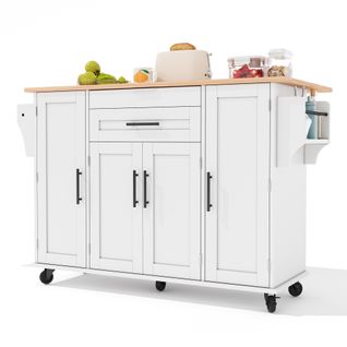 Îlot De Cuisine Mobile Avec Plan Extensible-desserte-5 Roues Et Rangement-chariot-blanc Et Bois