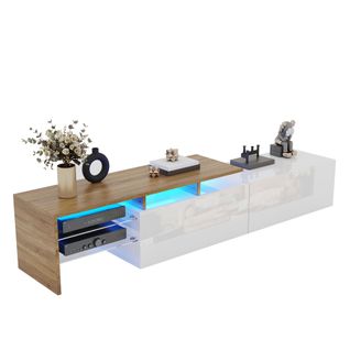 Meuble TV 170cm -espace De Rangement-aspect Bois-étagères En Verre-éclairage LED-blanc Brillant