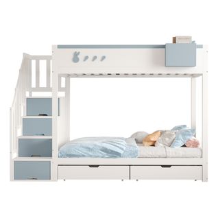 Lit Superposé 90*200cm-échelle De Rangement-lit Enfant Avec Tiroirs-blanc + Bleu