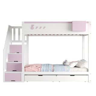 Lit Superposé 90*200cm-échelle De Rangement-lit Enfant Avec Tiroirs-blanc + Rose