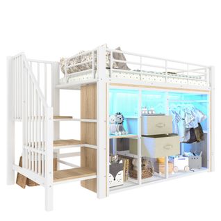 Lit Mezzanine 90x200 Cm-éclairage LED-lit En Métal Avec Rangements-lit Enfant 2 Tiroirs-blanc