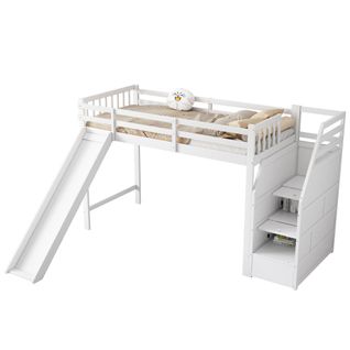Lit Mezzanine 90x200 Cm - Avec Toboggan Et Echelle De Rangement - Blanc