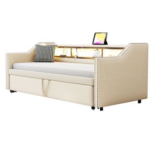 Lit Gigogne 90/180x190cm-rangement Multifonctionnel-éclairage LED Et Port USB-beige