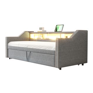 Lit Gigogne 90/180x190cm-rangement Multifonctionnel-led Et Port USB-gris Clair