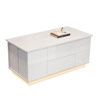 Table Basse LED 4 En 1 100 X 50 X 45 Cm-avec 2 Tiroirs-brillance Avec 2 Tabourets-blanc