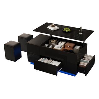 Table Basse LED 4 En 1 100 X 50 X 45 Cm-avec 2 Tiroirs-brillance Avec 2 Tabourets