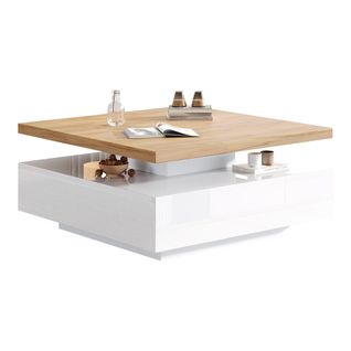 Table basse Carré Multifonctionnel-Pivotant à 360°-blanc Brillant-Noyer-Blanc